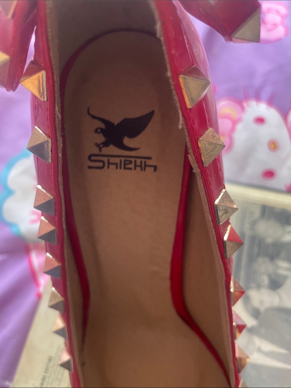 Red Pyramid-Stud Pointed Toe Pumps - Picture 2 of 6